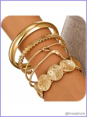Gold Plated Bangle Bracelets Set of 5 Women Dainty Knot Boho Chunky Cuff